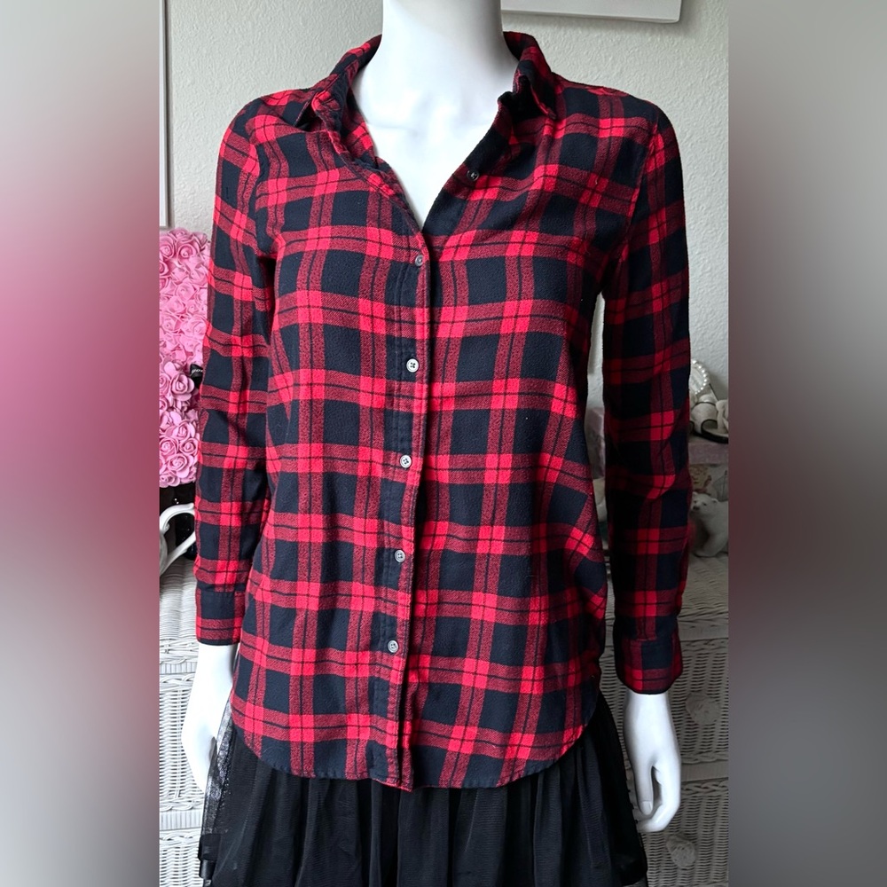 Banana Republic Shirt Boyfriend fit Oversized Flannel Black & Red Plaid Size XS